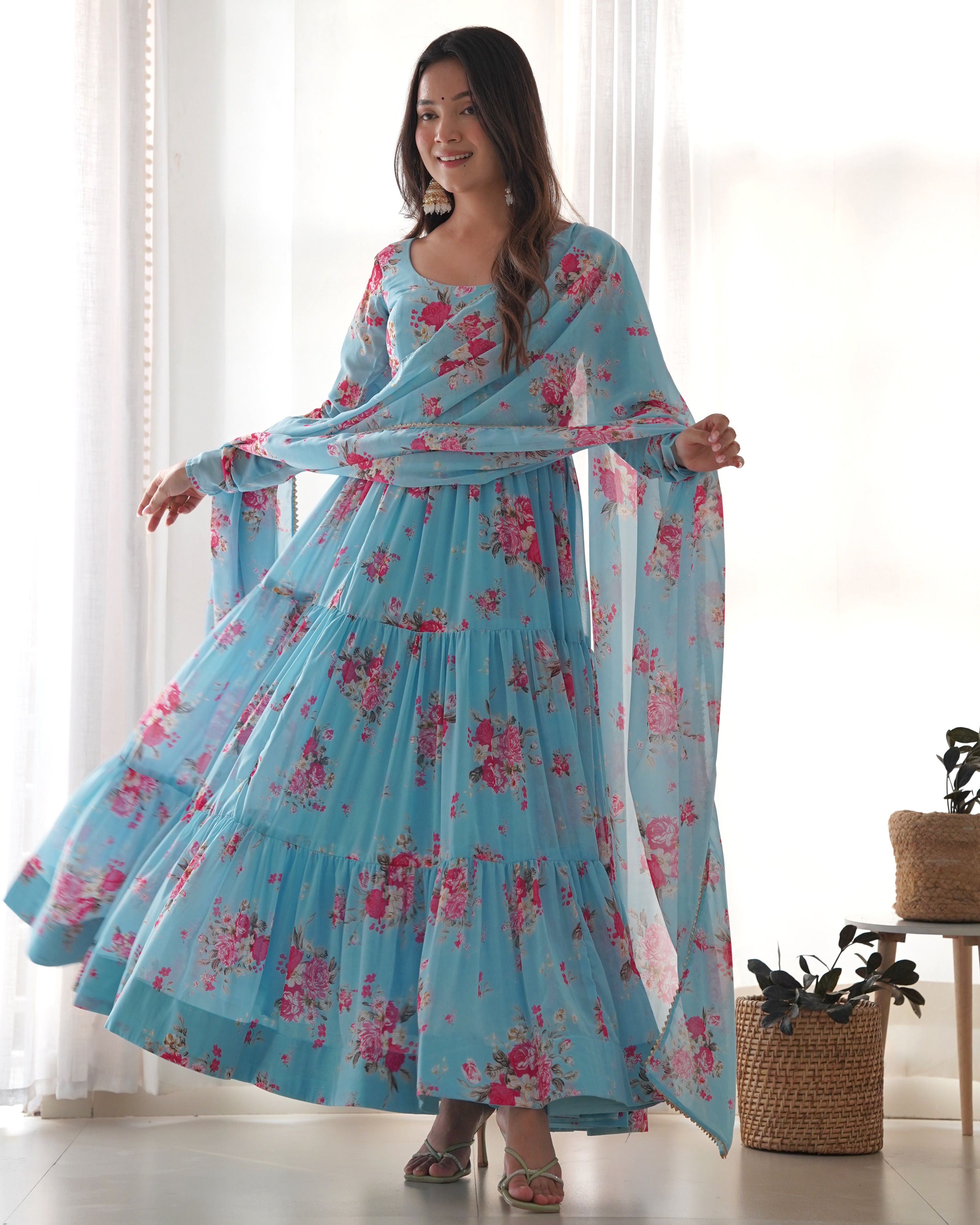 Teeya Creation Multicolor Digital Print Faux Georgette Anarkali With Pants And Dupatta - Distacart