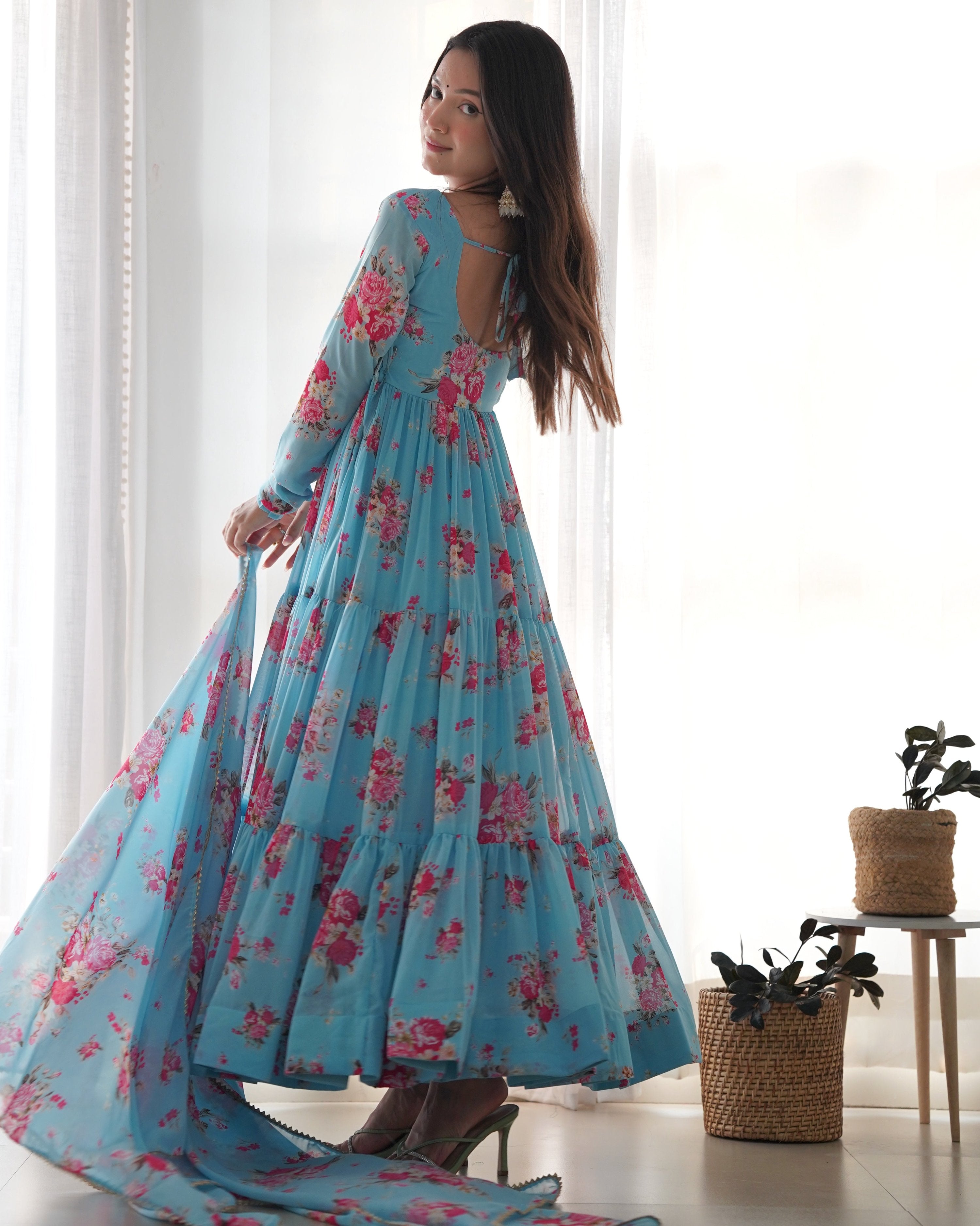 Teeya Creation Multicolor Digital Print Faux Georgette Anarkali With Pants And Dupatta - Distacart