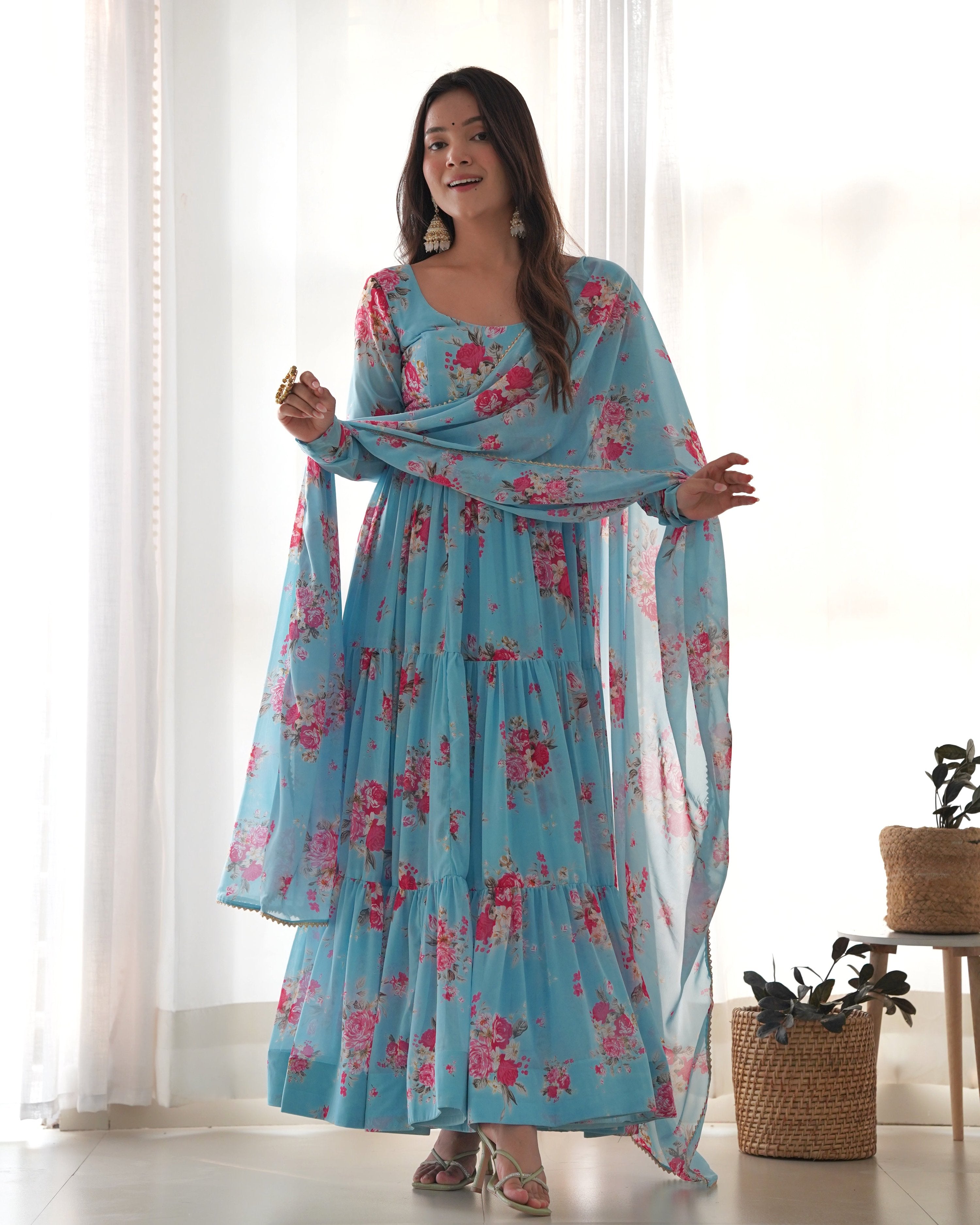 Teeya Creation Multicolor Digital Print Faux Georgette Anarkali With Pants And Dupatta - Distacart