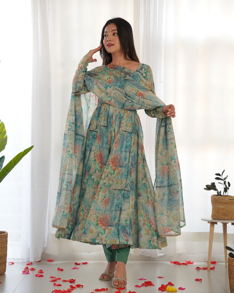 Teeya Creation Multicolor Digital Print Soft organza Anarkali With Pants And Dupatta - Distacart