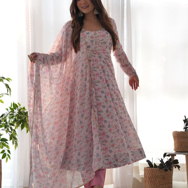 Teeya Creation Pink Color Digital Print Organza Chiffon Anarkali With Pants And Dupatta - Distacart
