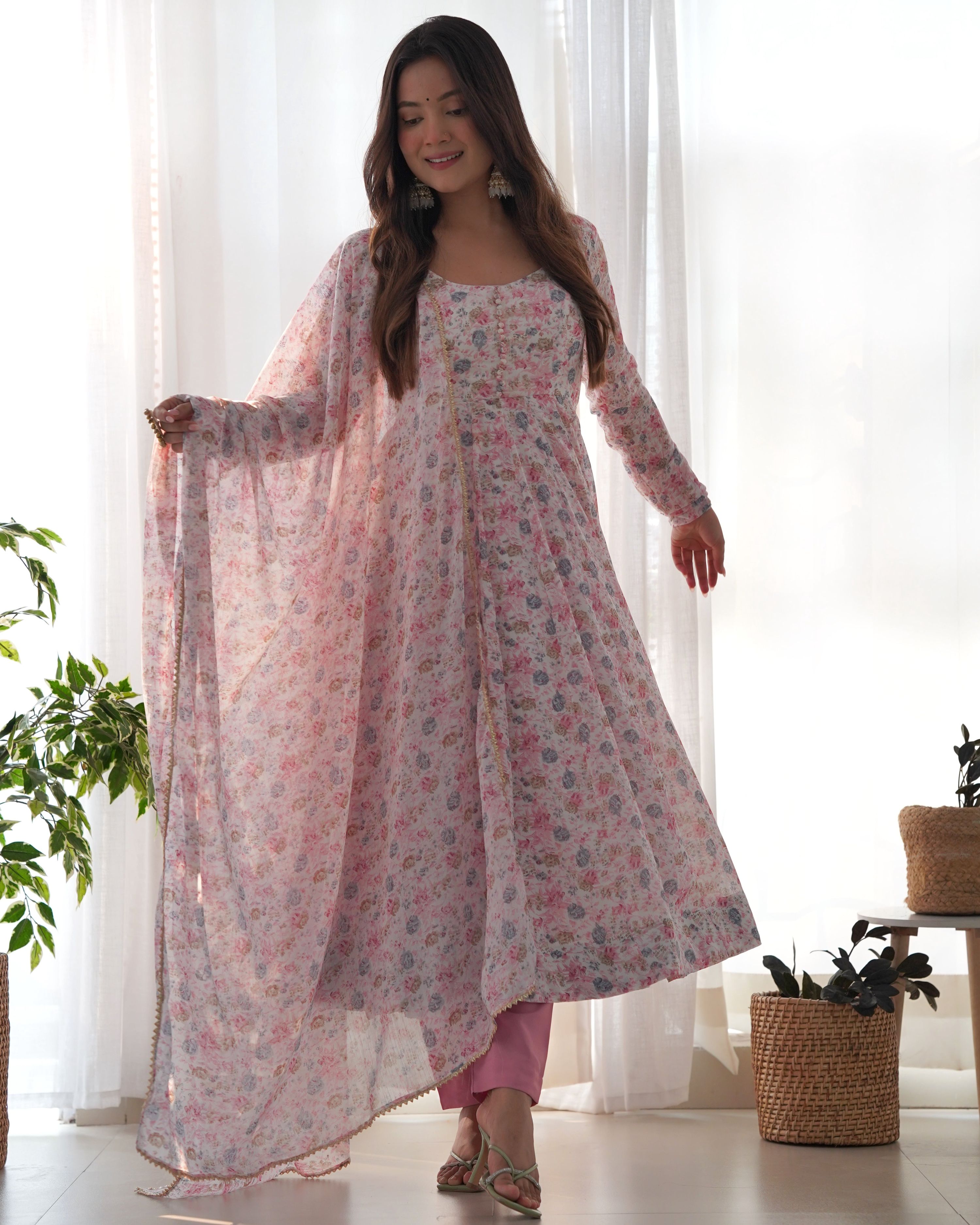 Teeya Creation Pink Color Digital Print Organza Chiffon Anarkali With Pants And Dupatta - Distacart
