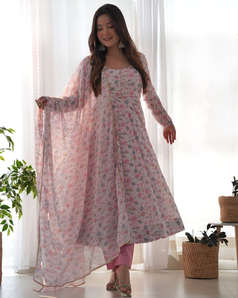 Teeya Creation Pink Color Digital Print Organza Chiffon Anarkali With Pants And Dupatta - Distacart