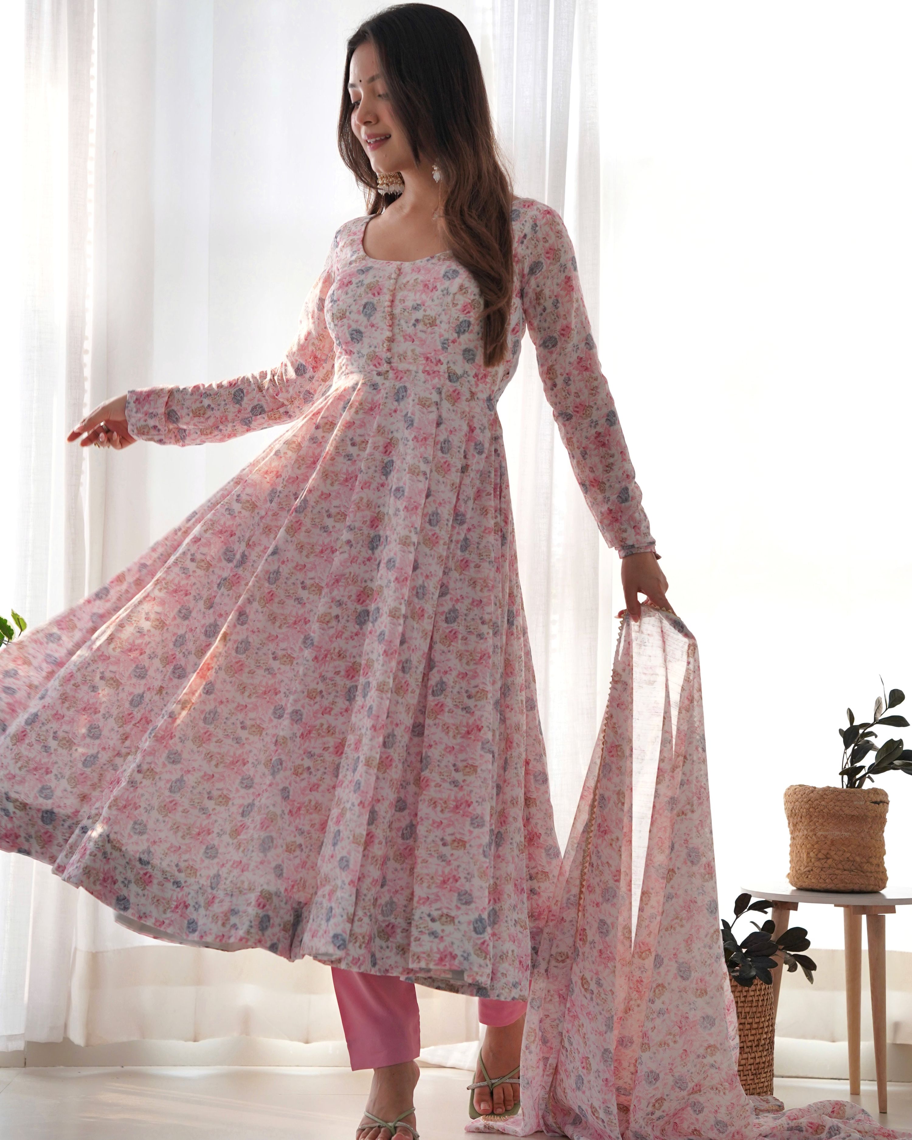 Teeya Creation Pink Color Digital Print Organza Chiffon Anarkali With Pants And Dupatta - Distacart