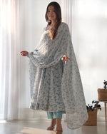Thumbnail for Teeya Creation Sky Color Digital Print Organza Chiffon Anarkali With Pants And Dupatta - Distacart