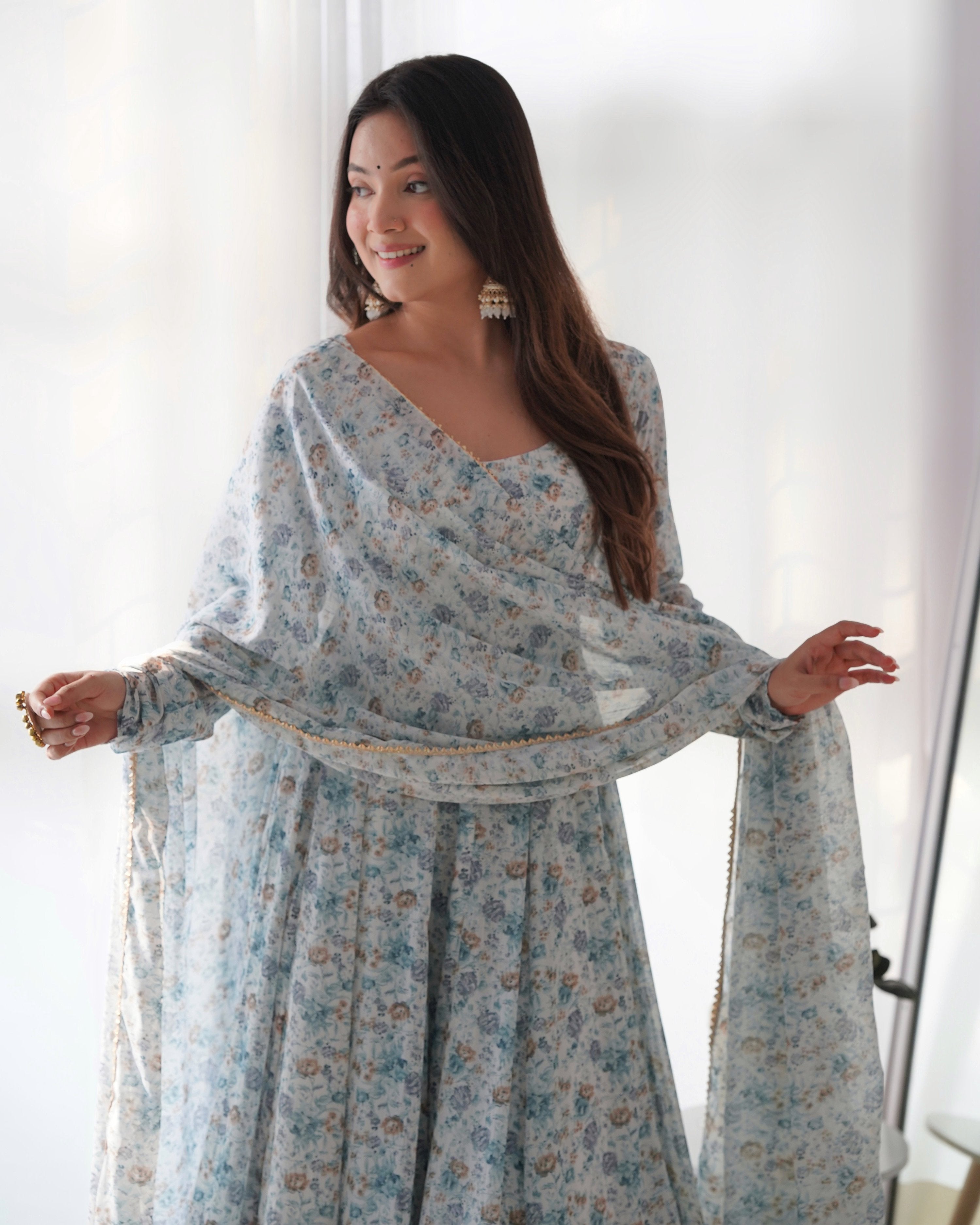 Teeya Creation Sky Color Digital Print Organza Chiffon Anarkali With Pants And Dupatta - Distacart