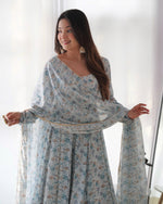 Thumbnail for Teeya Creation Sky Color Digital Print Organza Chiffon Anarkali With Pants And Dupatta - Distacart