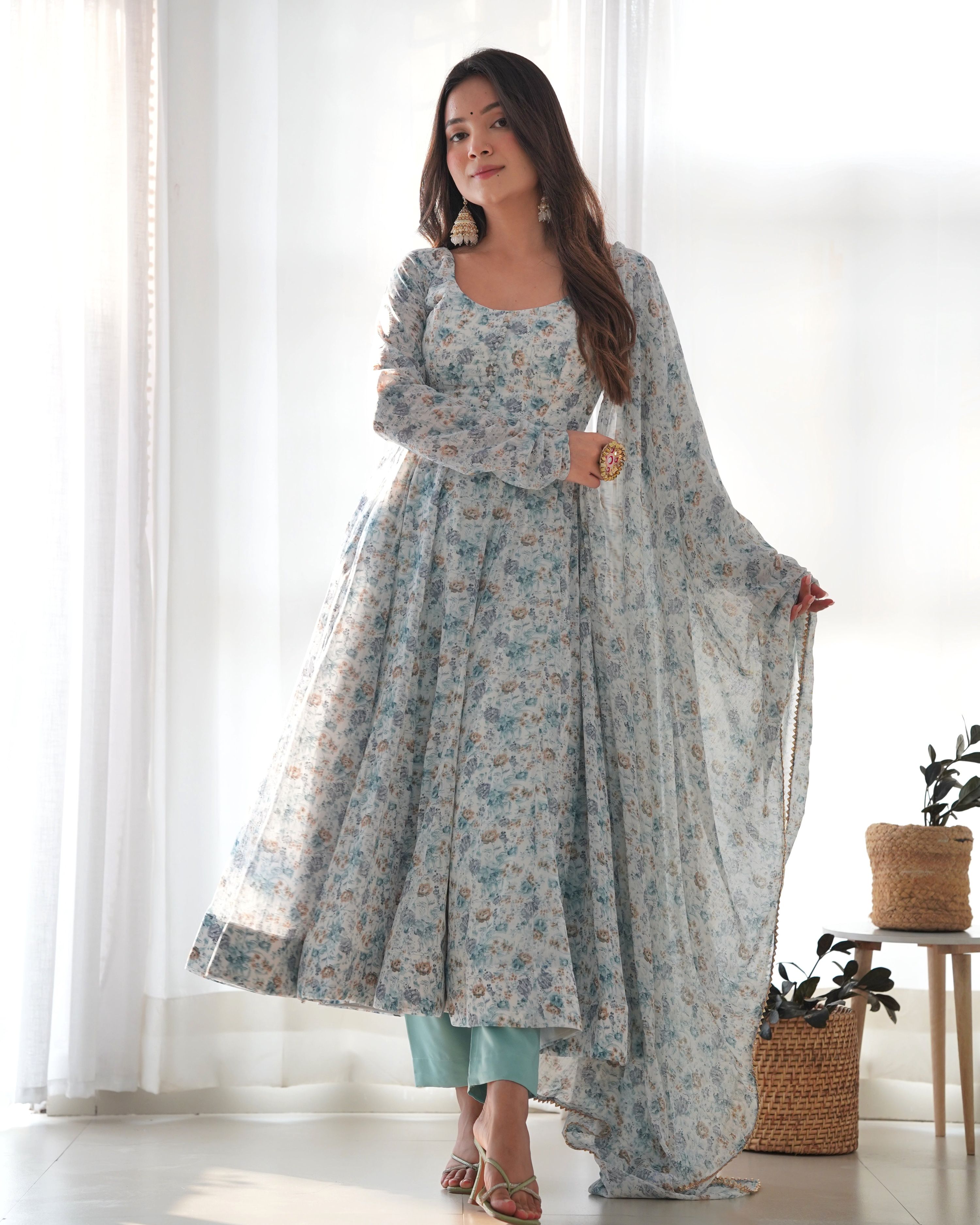 Teeya Creation Sky Color Digital Print Organza Chiffon Anarkali With Pants And Dupatta - Distacart