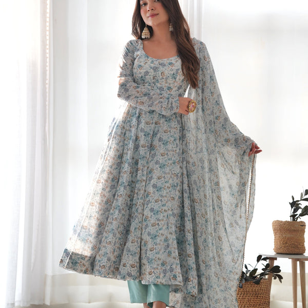Teeya Creation Sky Color Digital Print Organza Chiffon Anarkali With Pants And Dupatta - Distacart