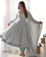 Thumbnail for Teeya Creation Sky Color Digital Print Organza Chiffon Anarkali With Pants And Dupatta - Distacart