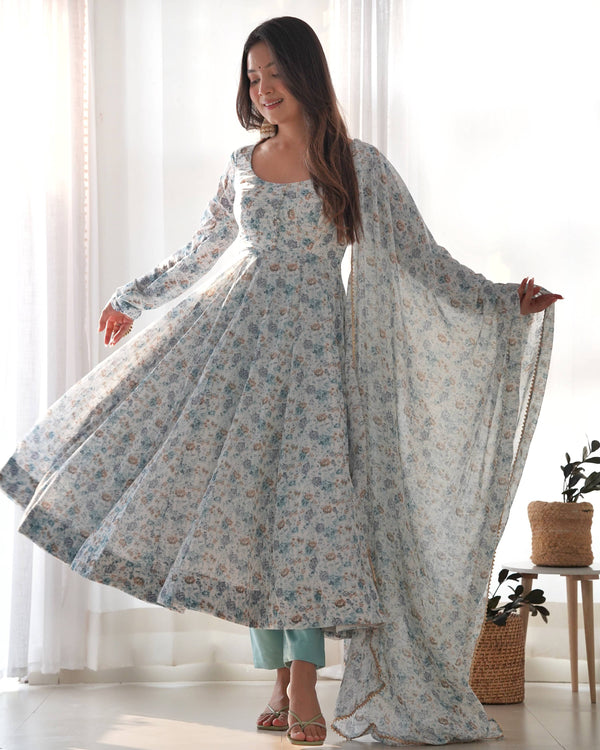 Teeya Creation Sky Color Digital Print Organza Chiffon Anarkali With Pants And Dupatta - Distacart