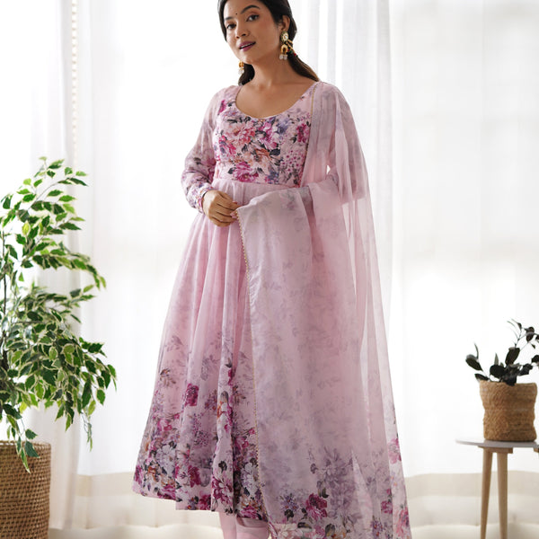 Teeya Creation Pink Color Digital Print Soft organza Anarkali With Pants And Dupatta - Distacart