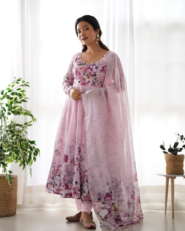 Teeya Creation Pink Color Digital Print Soft organza Anarkali With Pants And Dupatta - Distacart