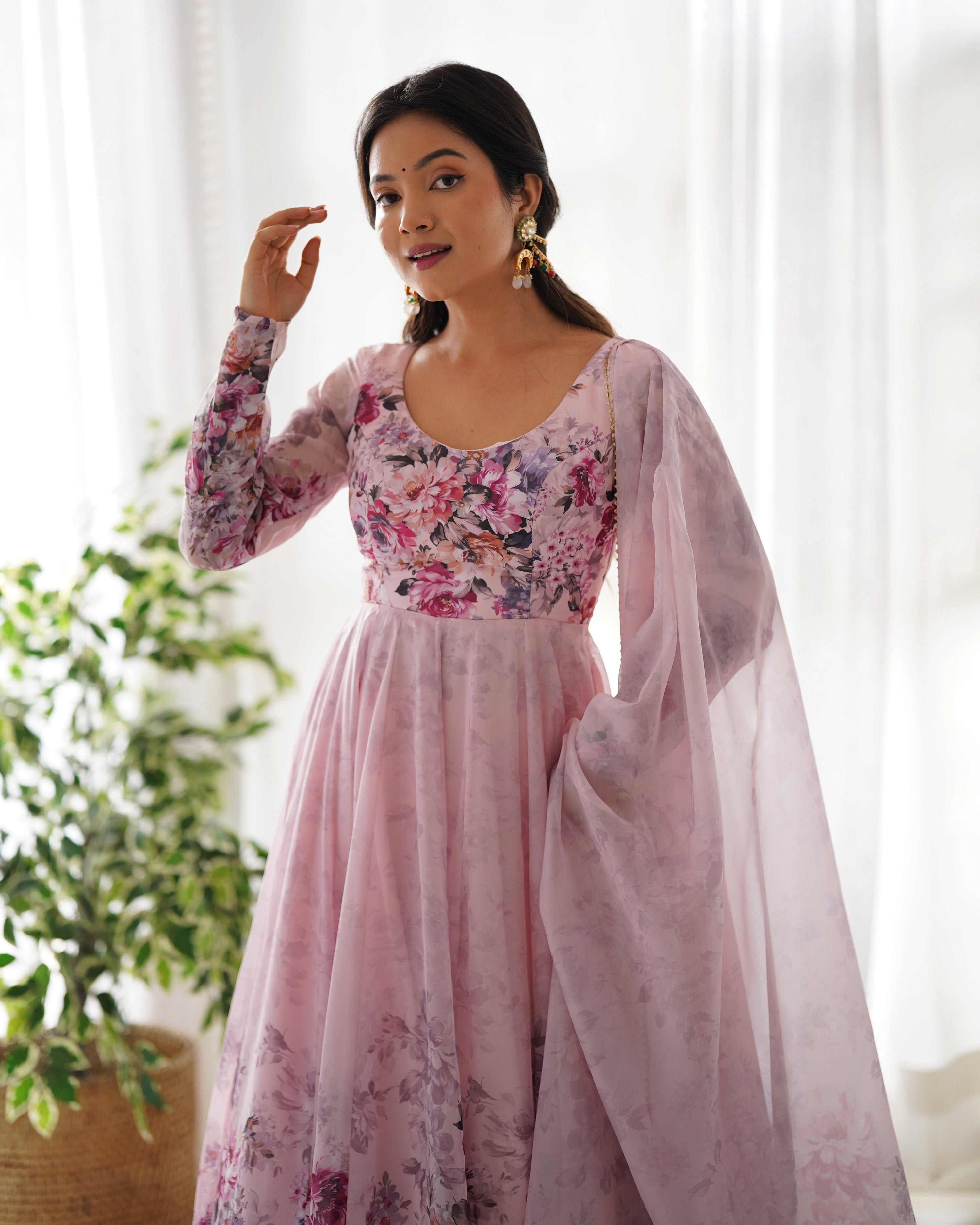 Teeya Creation Pink Color Digital Print Soft organza Anarkali With Pants And Dupatta - Distacart