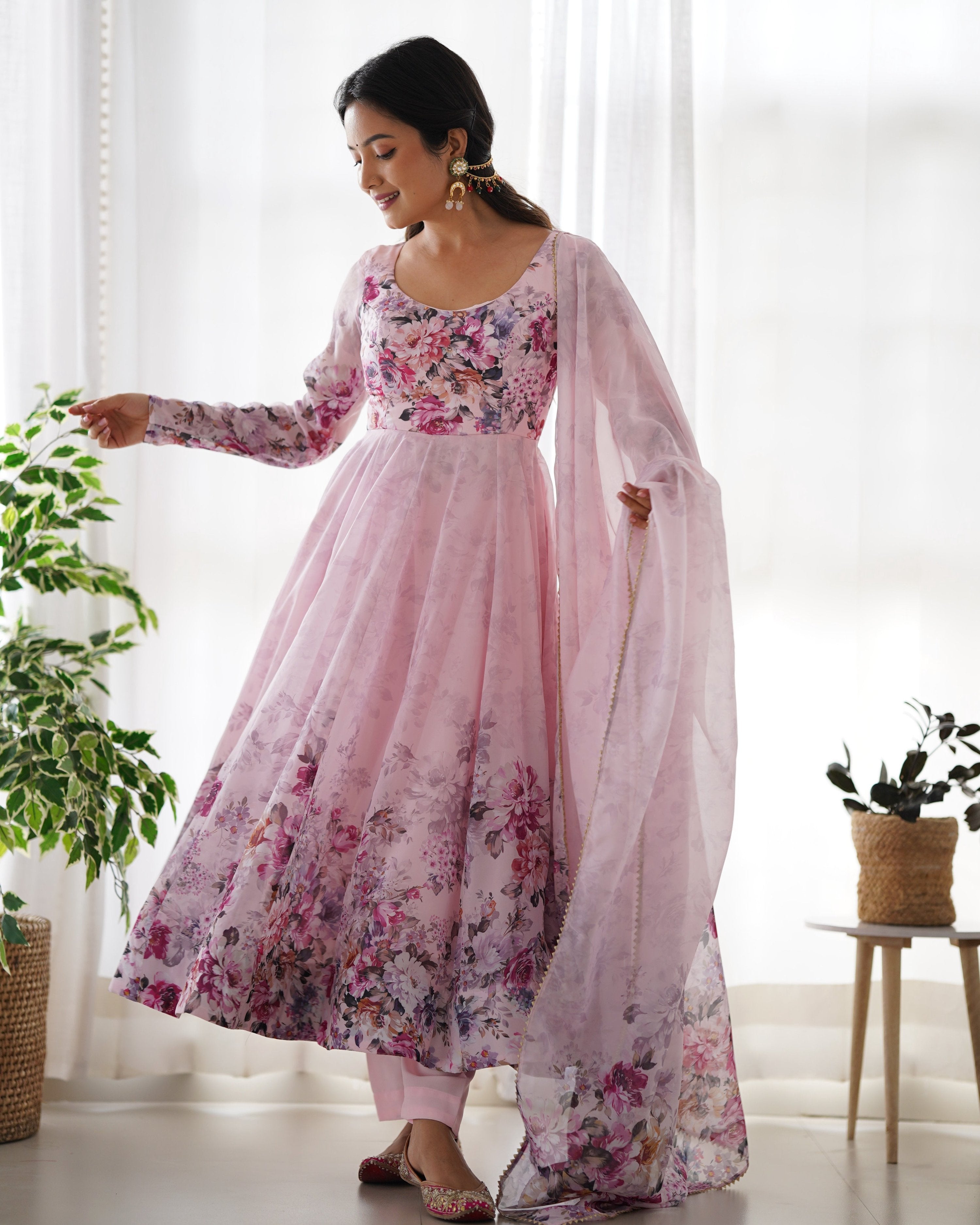 Teeya Creation Pink Color Digital Print Soft organza Anarkali With Pants And Dupatta - Distacart