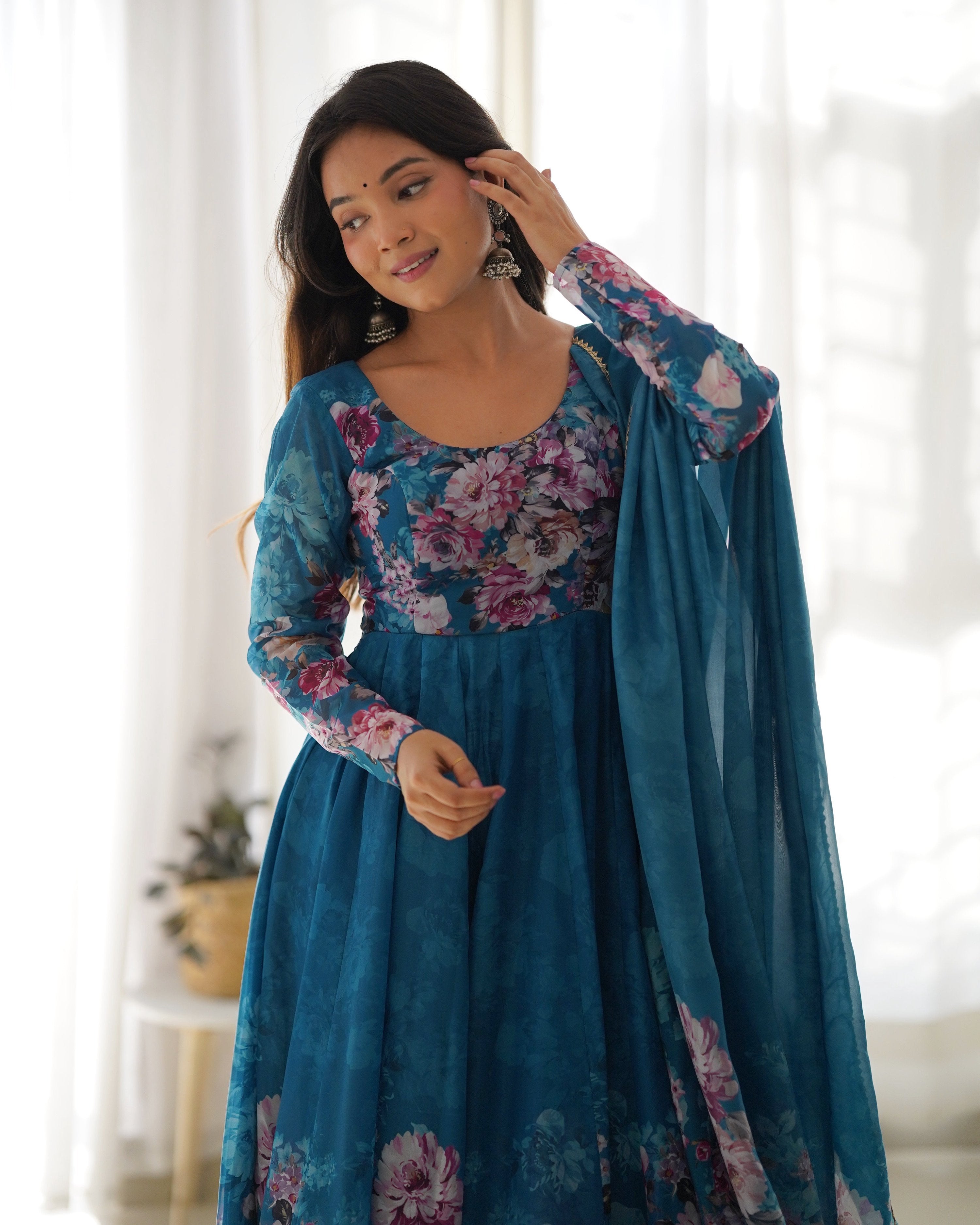 Teeya Creation Rama Color Digital Print Soft organza Anarkali With Pants And Dupatta - Distacart