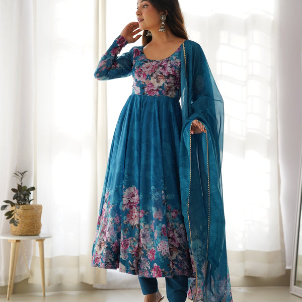 Teeya Creation Rama Color Digital Print Soft organza Anarkali With Pants And Dupatta - Distacart