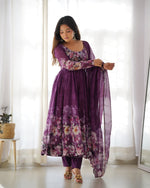Thumbnail for Teeya Creation Wine Color Digital Print Soft organza Anarkali With Pants And Dupatta - Distacart