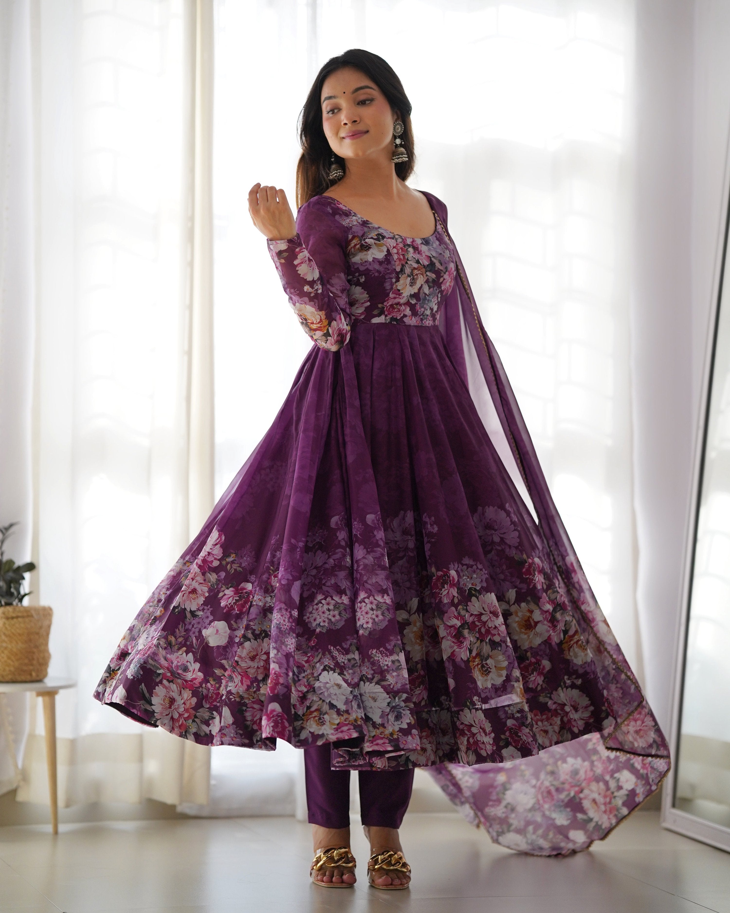 Teeya Creation Wine Color Digital Print Soft organza Anarkali With Pants And Dupatta - Distacart