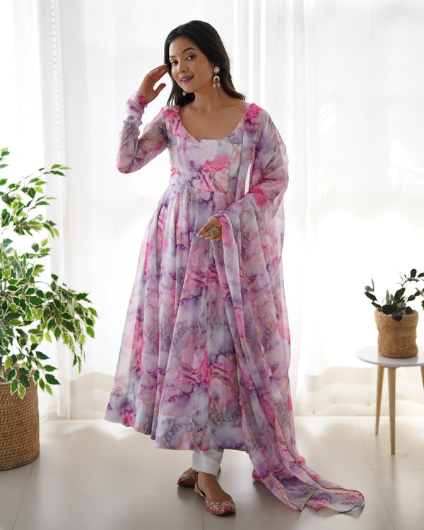 Teeya Creation Multicolor Digital Print Soft organza Anarkali With Pants And Dupatta - Distacart