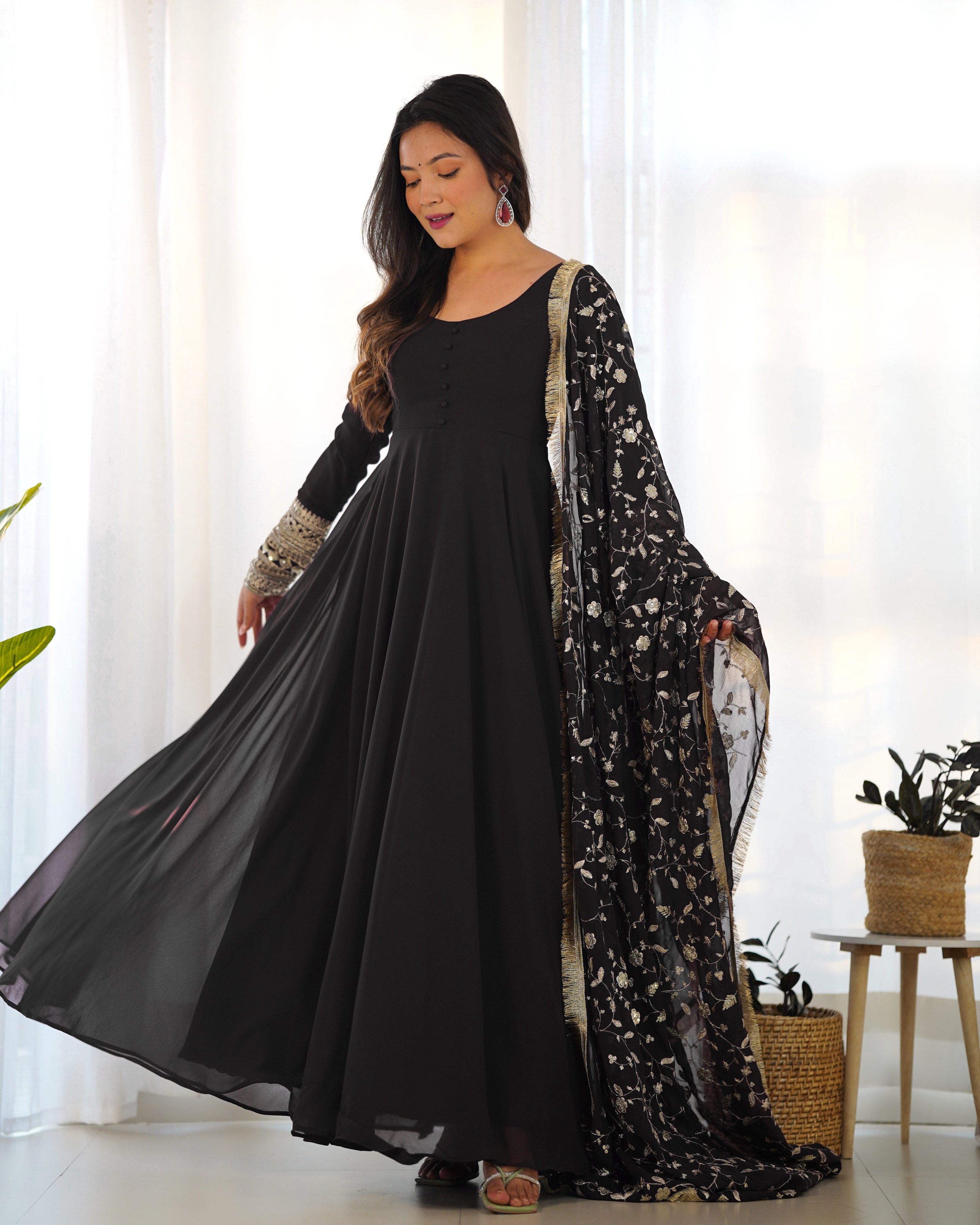 Teeya Creation Black Color Party Wear Faux Georgette Anarkali Gown With Pants And Dupatta - Distacart