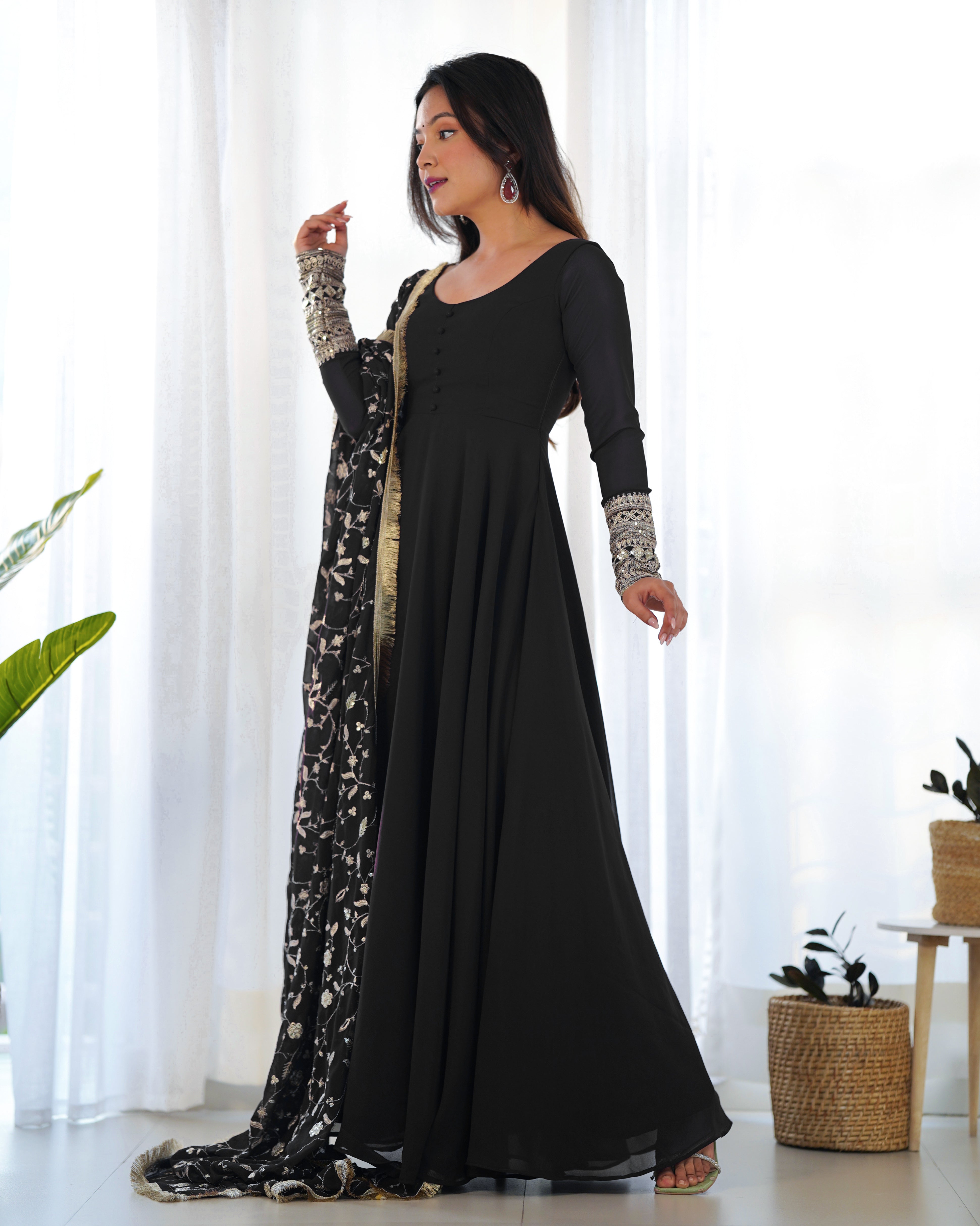 Teeya Creation Black Color Party Wear Faux Georgette Anarkali Gown With Pants And Dupatta - Distacart