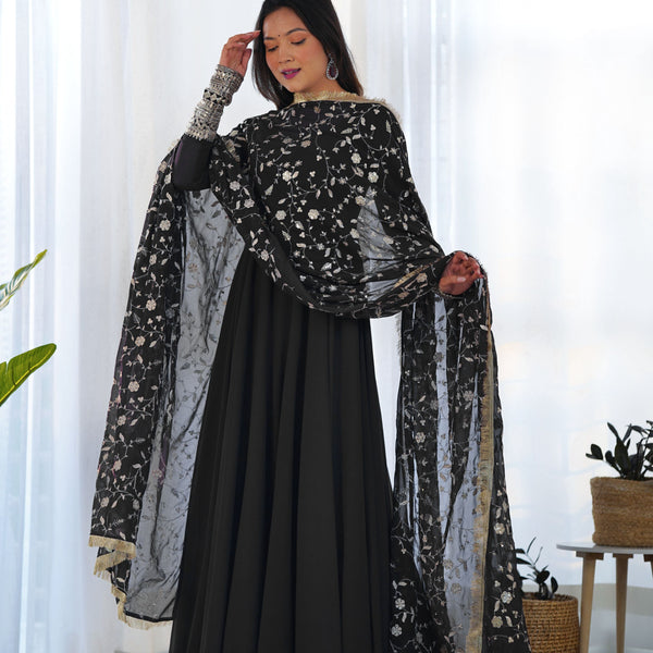 Teeya Creation Black Color Party Wear Faux Georgette Anarkali Gown With Pants And Dupatta - Distacart