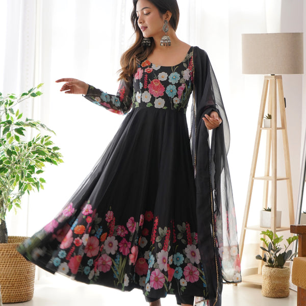 Teeya Creation Black Color Digital Print Soft organza Anarkali With Pants And Dupatta - Distacart