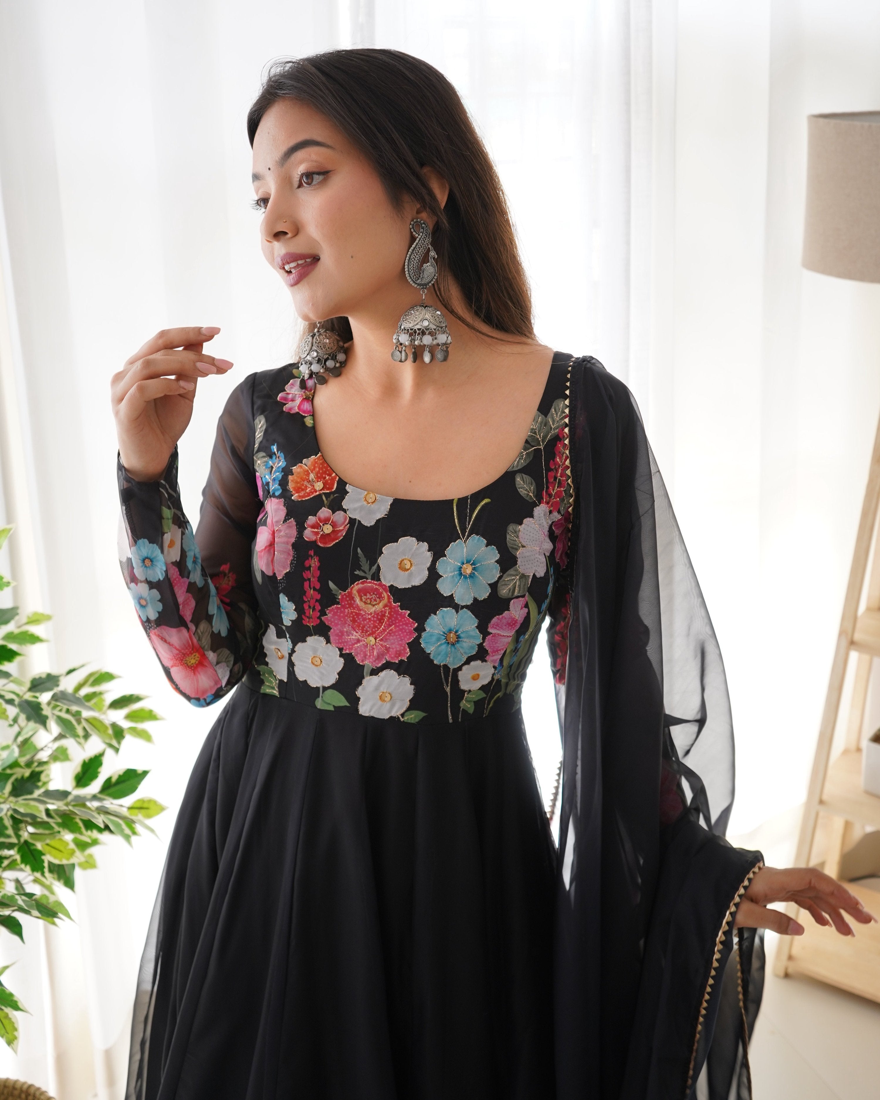 Teeya Creation Black Color Digital Print Soft organza Anarkali With Pants And Dupatta - Distacart
