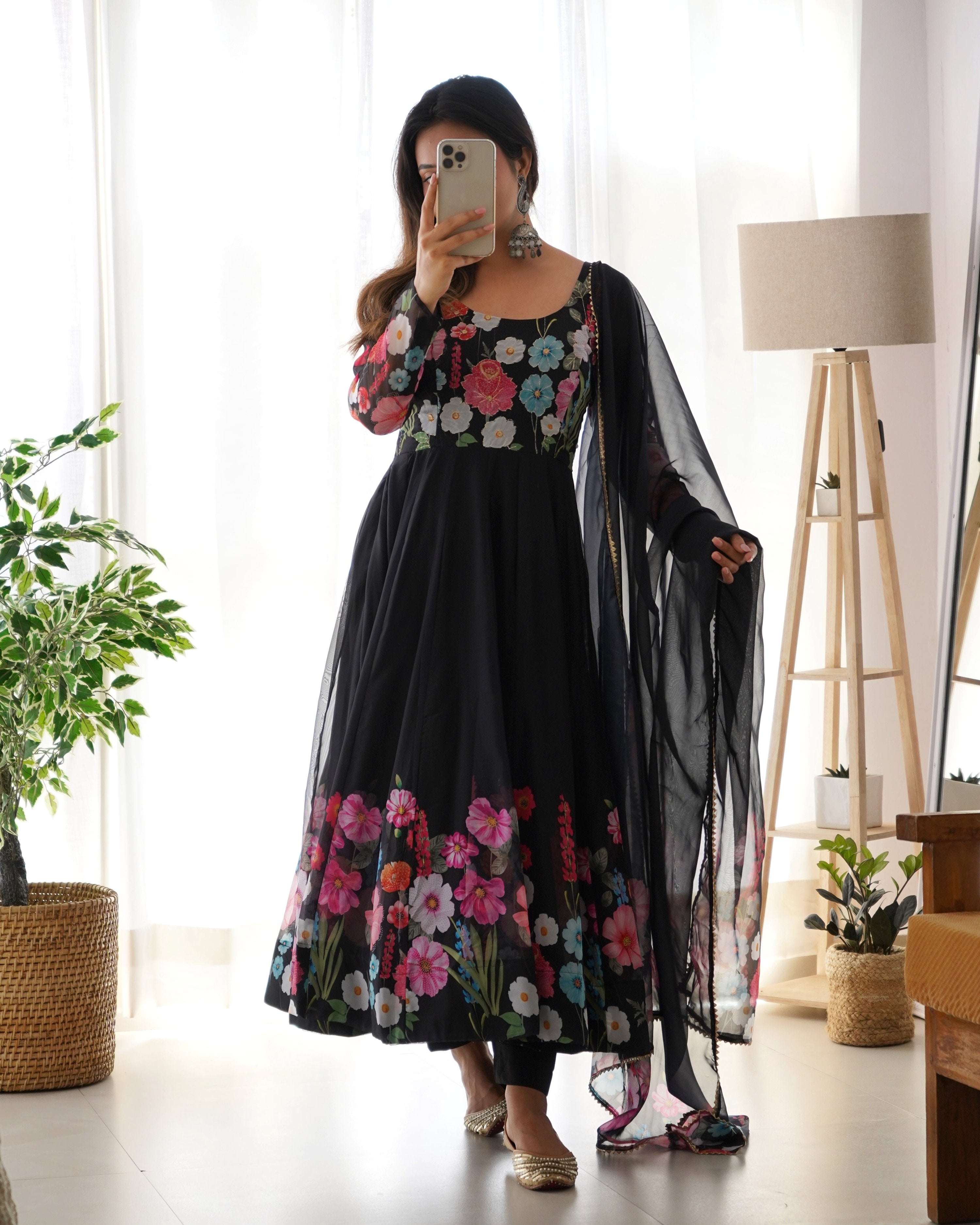 Teeya Creation Black Color Digital Print Soft organza Anarkali With Pants And Dupatta - Distacart