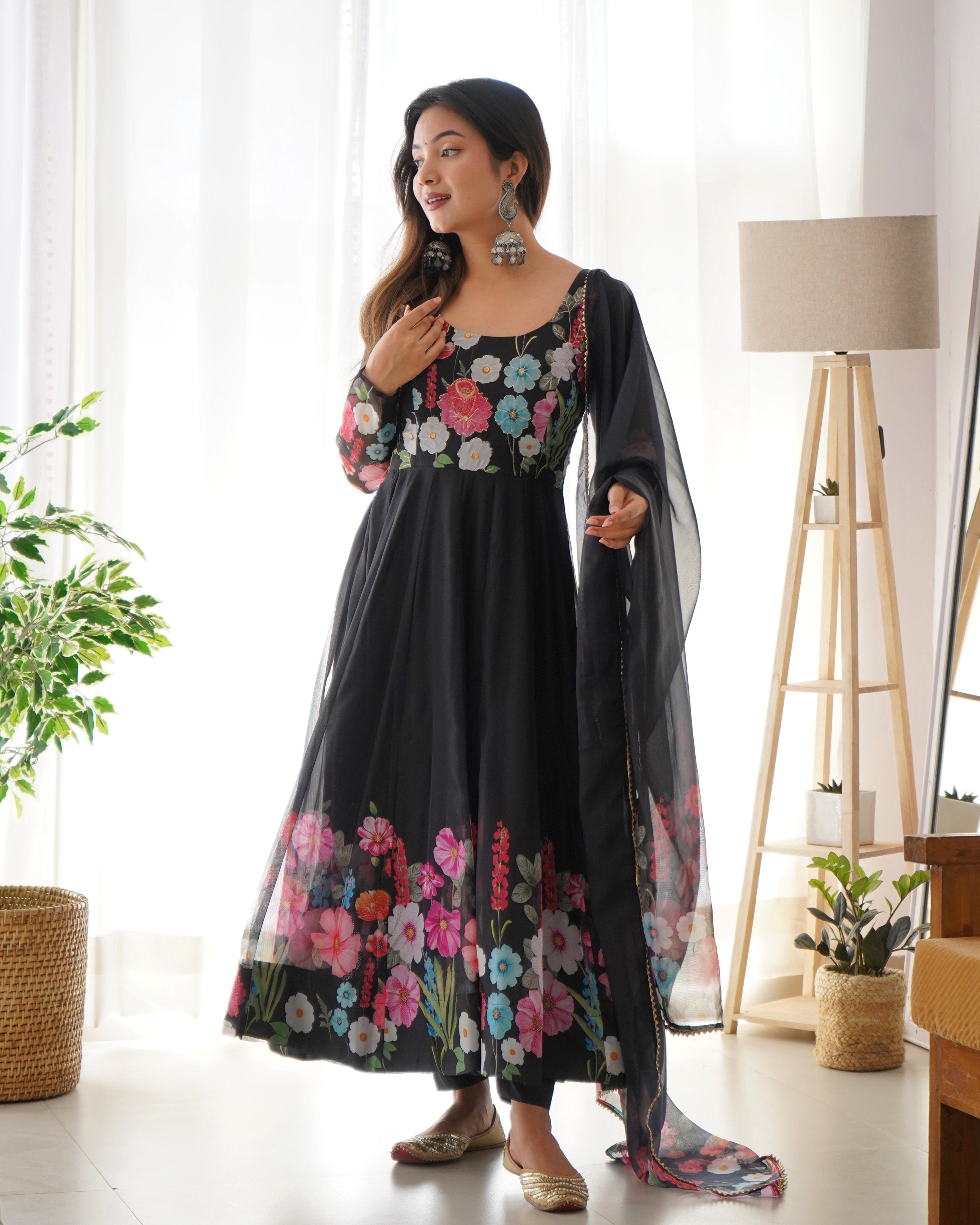 Teeya Creation Black Color Digital Print Soft organza Anarkali With Pants And Dupatta - Distacart