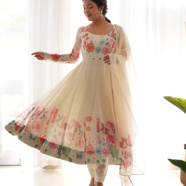 Teeya Creation Cream Color Digital Print Soft organza Anarkali With Pants And Dupatta - Distacart