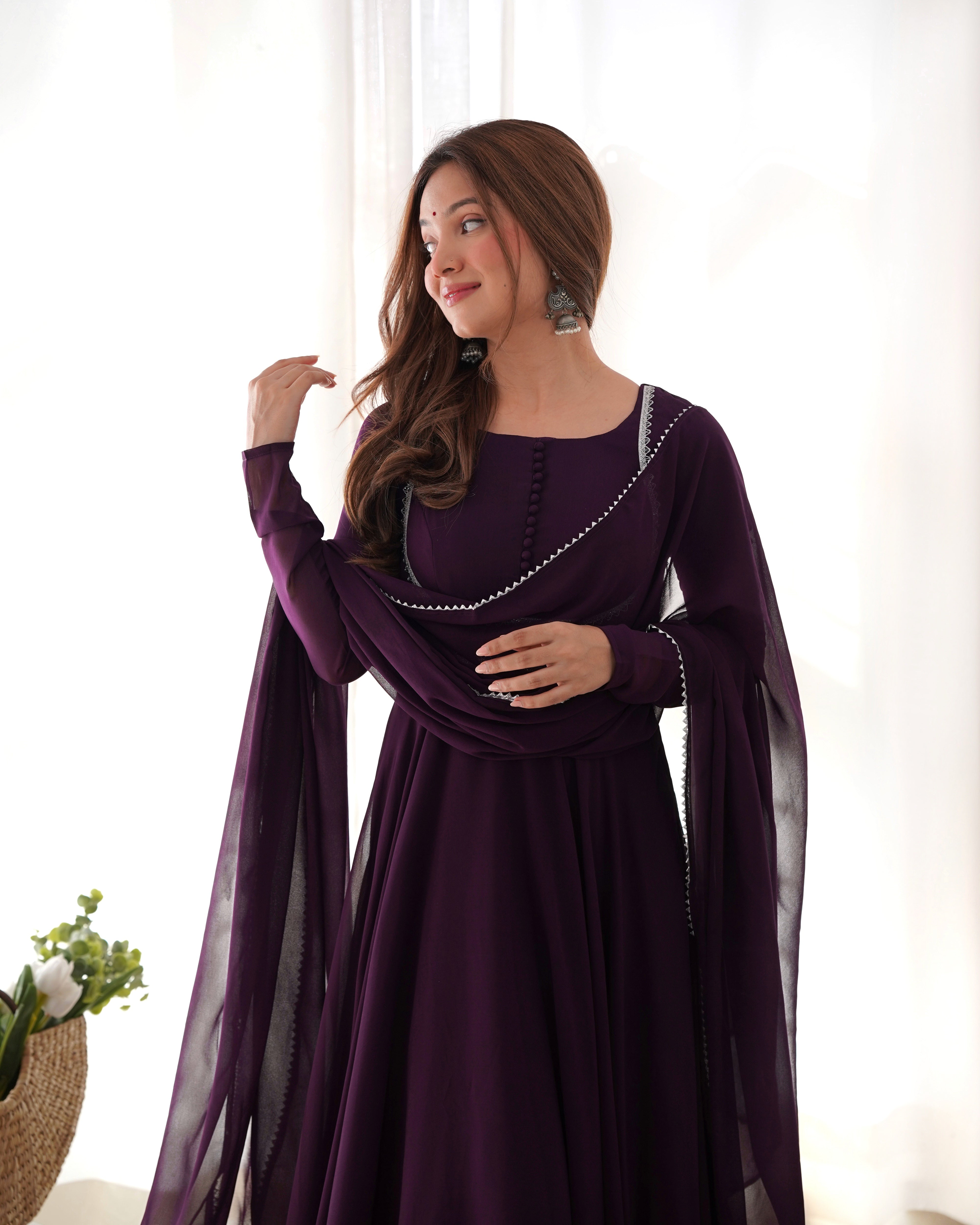Teeya Creation Wine Color Faux Georgette Anarkali Gown With Pants And Dupatta - Distacart