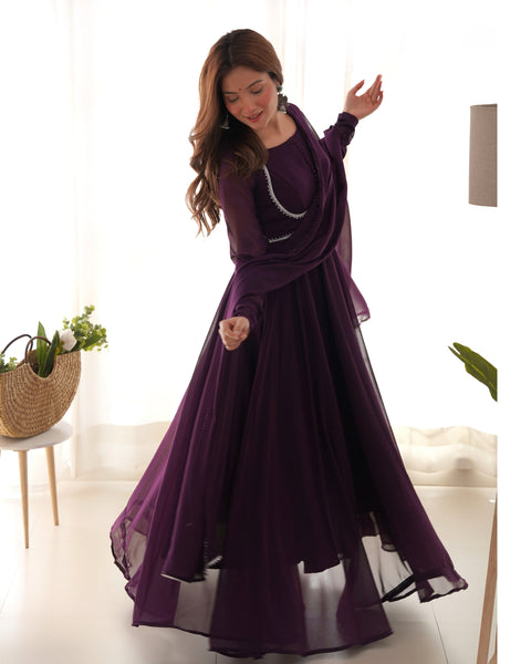 Teeya Creation Wine Color Faux Georgette Anarkali Gown With Pants And Dupatta - Distacart