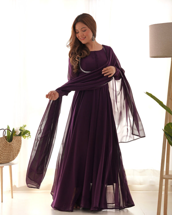 Teeya Creation Wine Color Faux Georgette Anarkali Gown With Pants And Dupatta - Distacart