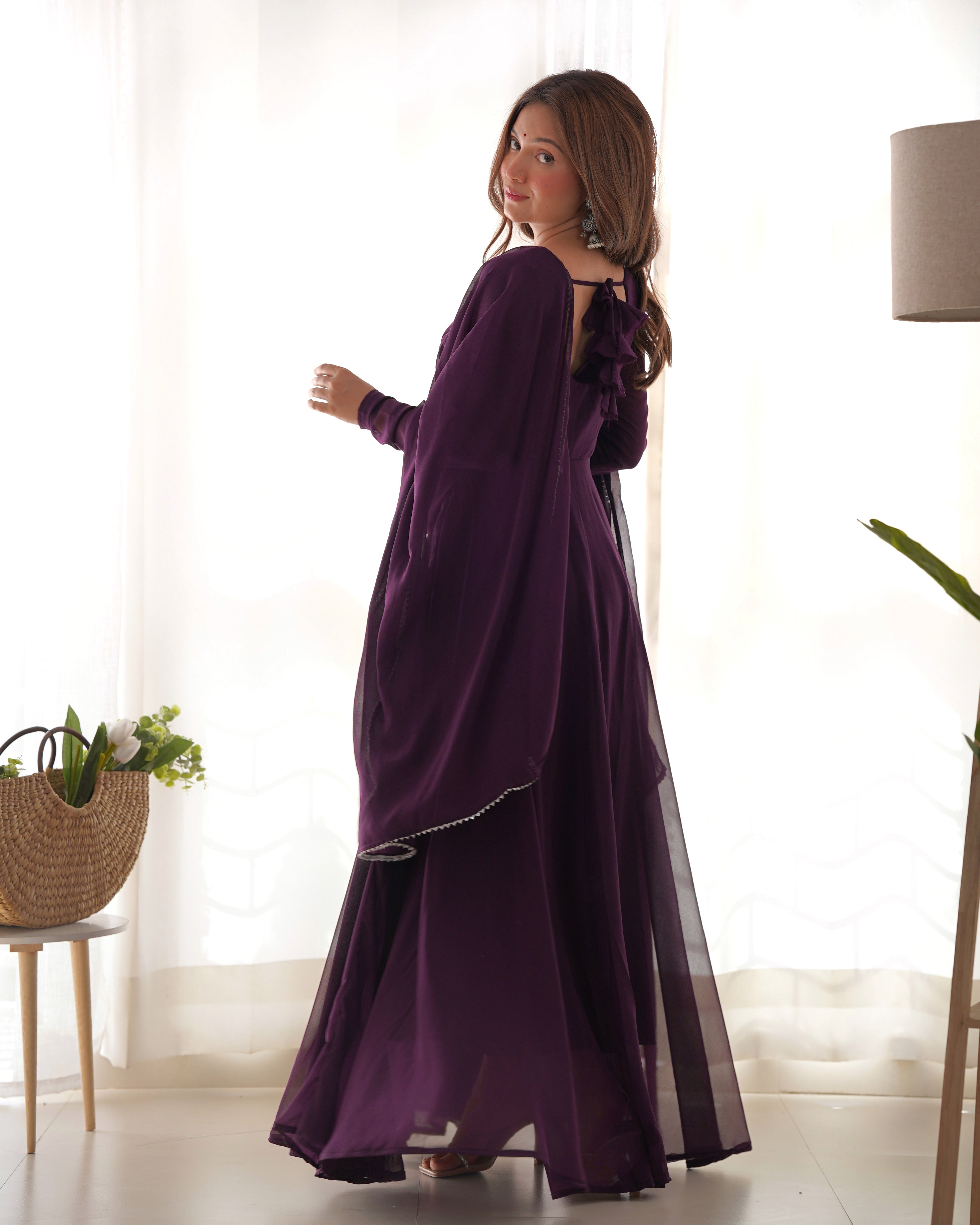 Teeya Creation Wine Color Faux Georgette Anarkali Gown With Pants And Dupatta - Distacart
