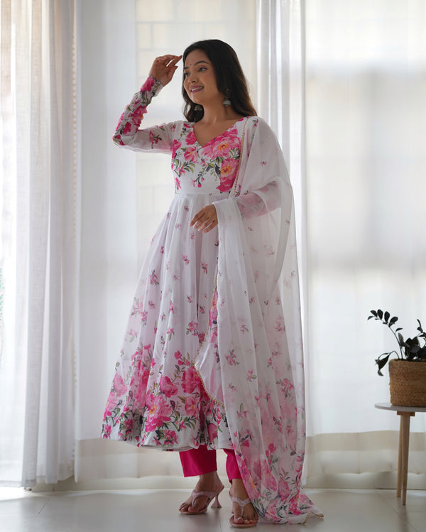 Teeya Creation White Color Digital Print Soft organza Anarkali With Pants And Dupatta - Distacart
