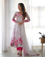 Thumbnail for Teeya Creation White Color Digital Print Soft organza Anarkali With Pants And Dupatta - Distacart
