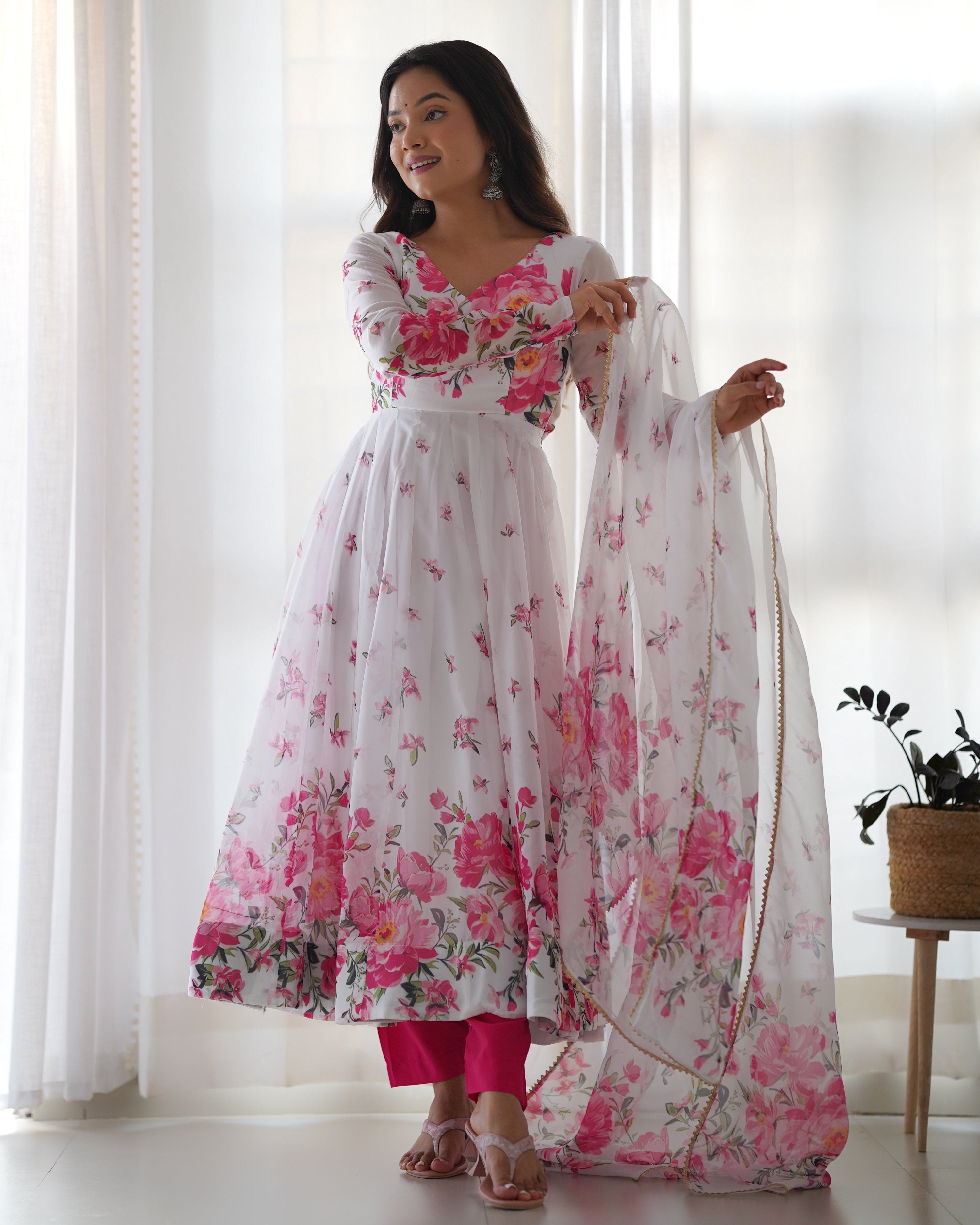 Teeya Creation White Color Digital Print Soft organza Anarkali With Pants And Dupatta - Distacart
