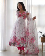 Thumbnail for Teeya Creation White Color Digital Print Soft organza Anarkali With Pants And Dupatta - Distacart