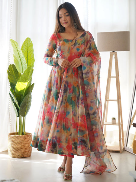 Teeya Creation Multicolor Digital Print Soft organza Anarkali With Pants And Dupatta - Distacart