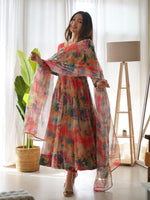 Thumbnail for Teeya Creation Multicolor Digital Print Soft organza Anarkali With Pants And Dupatta - Distacart