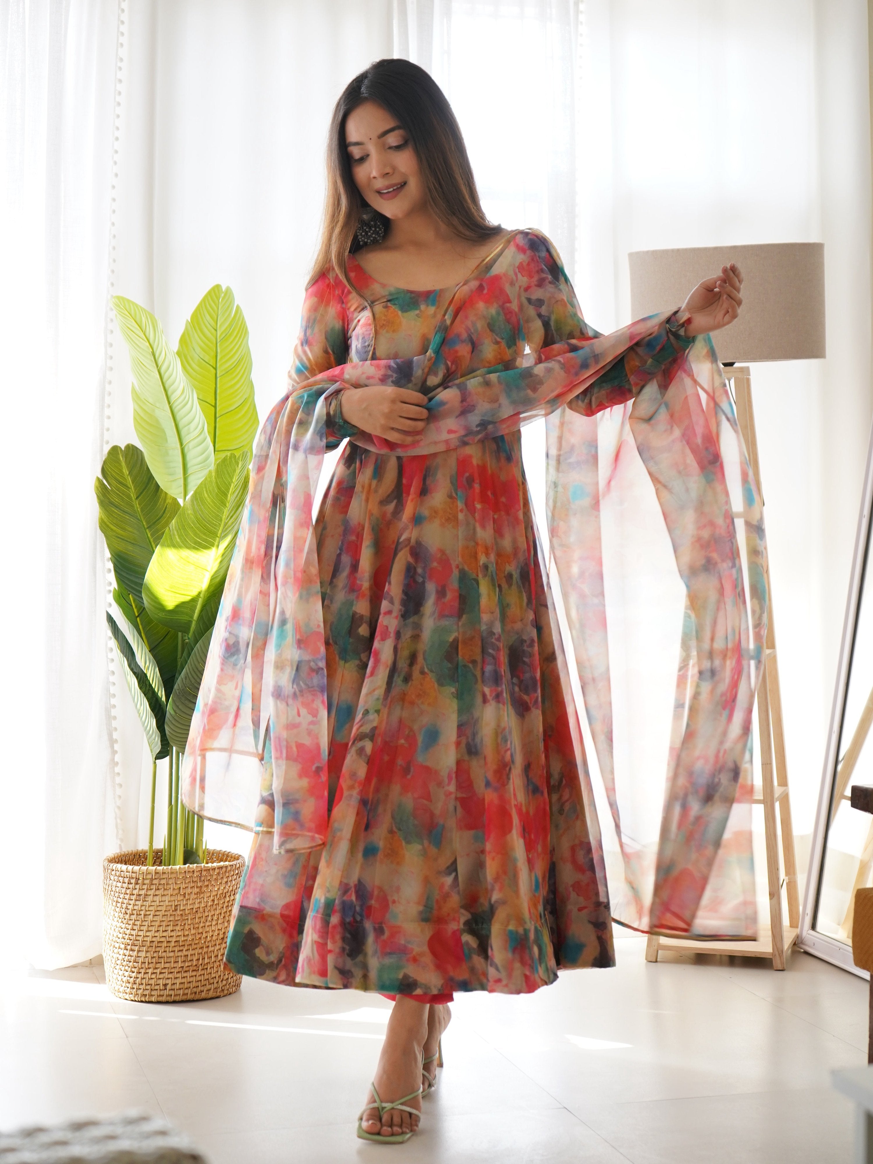 Teeya Creation Multicolor Digital Print Soft organza Anarkali With Pants And Dupatta - Distacart