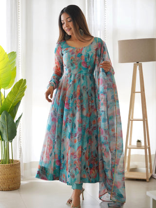 Teeya Creation Multicolor Digital Print Soft organza Anarkali With Pants And Dupatta - Distacart