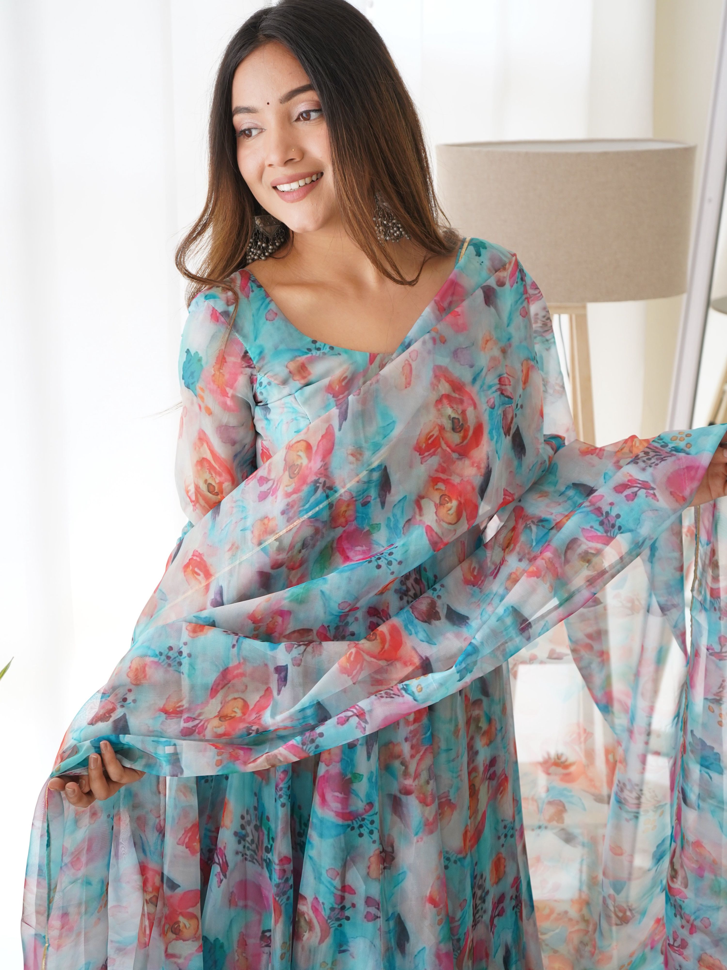 Teeya Creation Multicolor Digital Print Soft organza Anarkali With Pants And Dupatta - Distacart