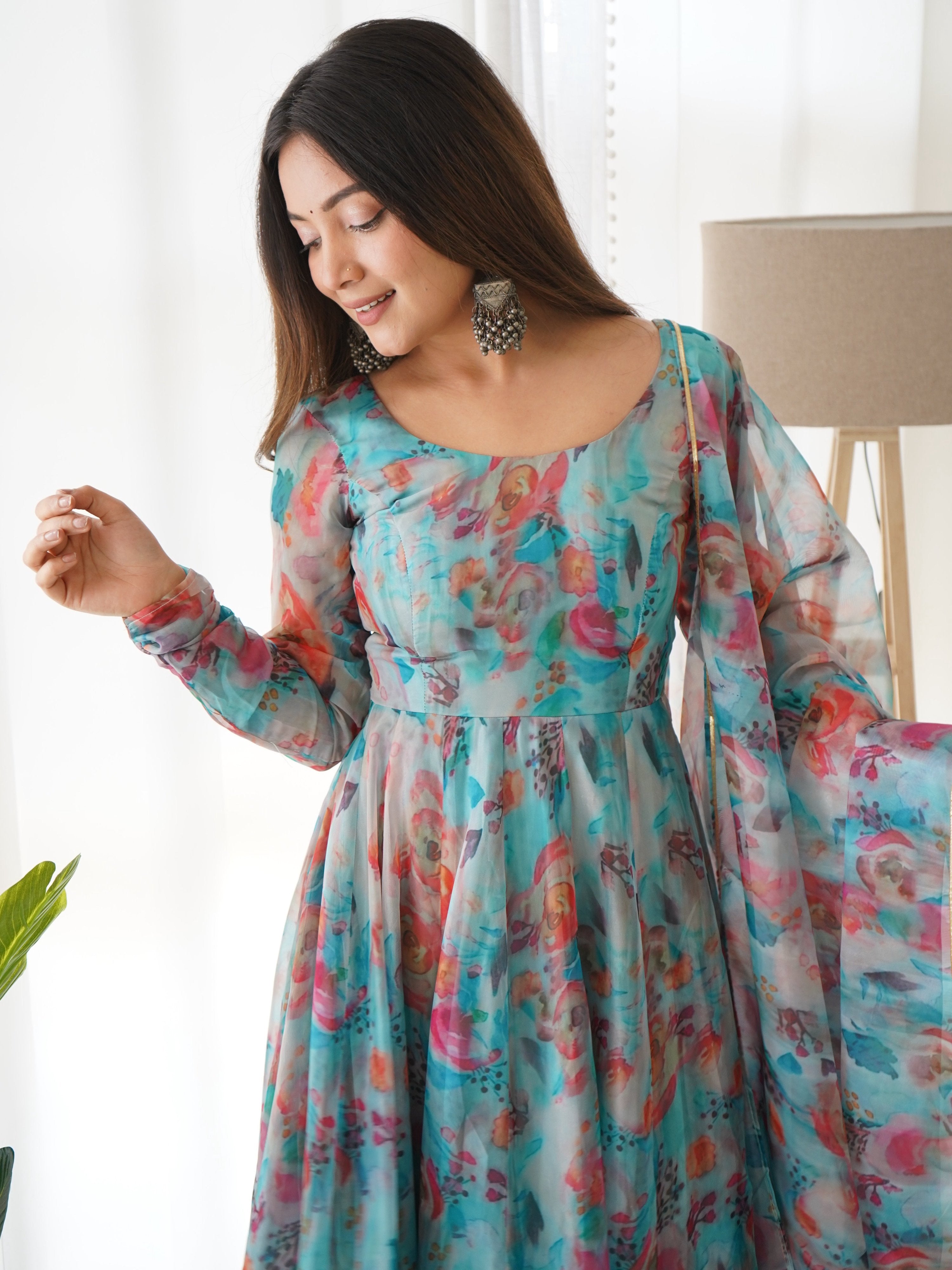 Teeya Creation Multicolor Digital Print Soft organza Anarkali With Pants And Dupatta - Distacart