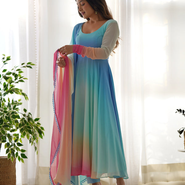 Teeya Creation Multicolor Abstract Print Faux Georgette Anarkali Gown With Pants And Dupatta - Distacart