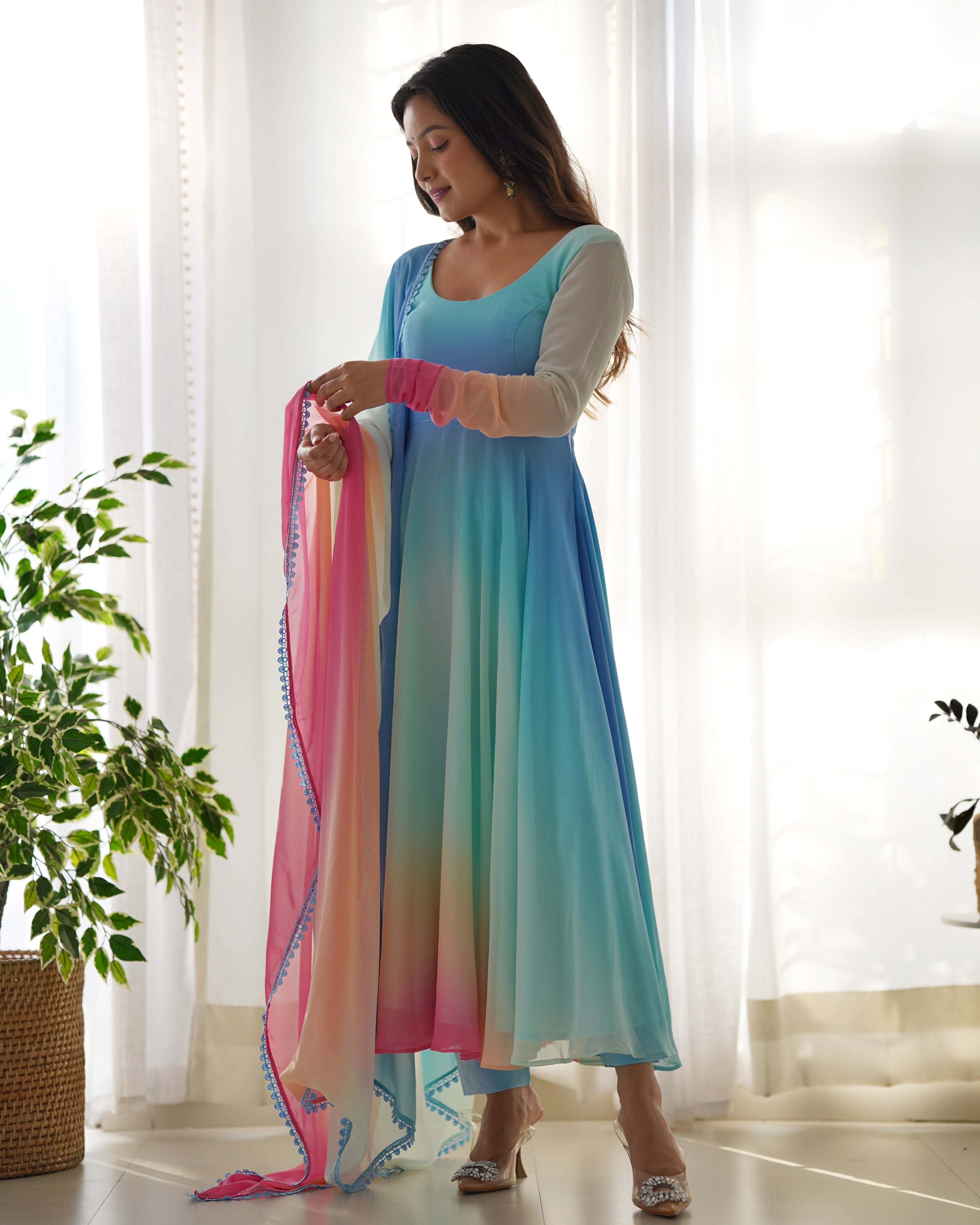 Teeya Creation Multicolor Abstract Print Faux Georgette Anarkali Gown With Pants And Dupatta - Distacart