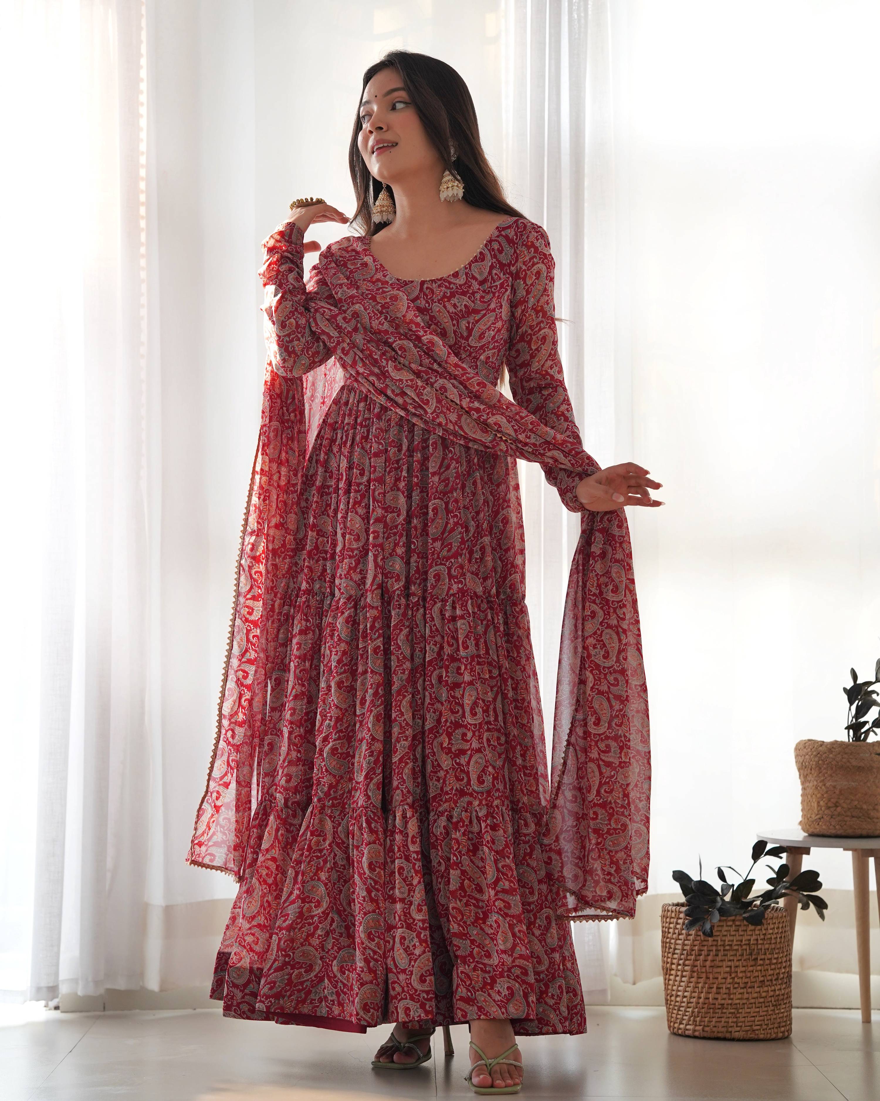 Teeya Creation Multicolor Abstract Print Faux Georgette Anarkali Gown With Pants And Dupatta - Distacart