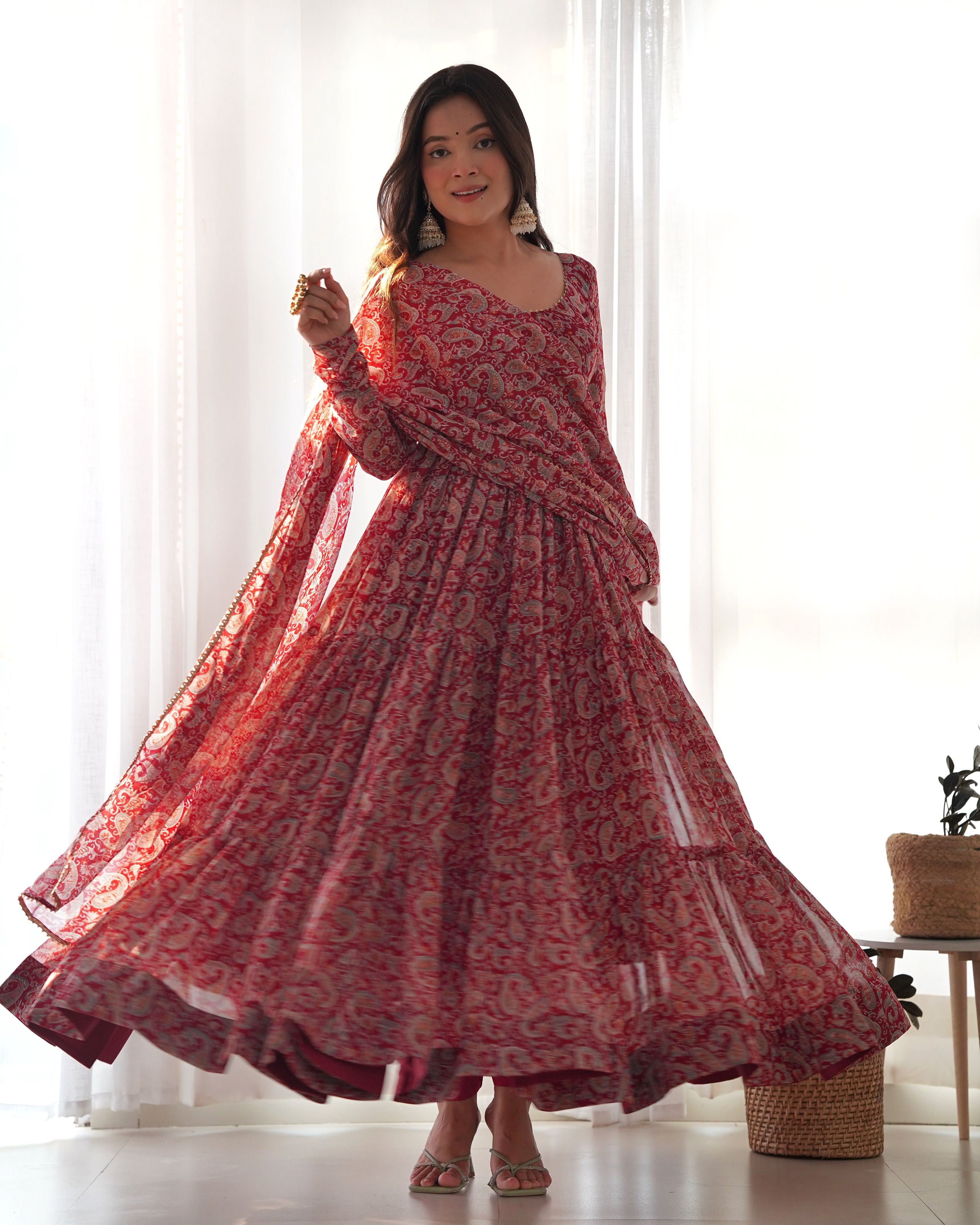 Teeya Creation Multicolor Abstract Print Faux Georgette Anarkali Gown With Pants And Dupatta - Distacart